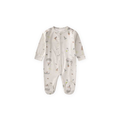 تولوم أطفال بتصميم منقوش مع قفازات مدمجة وأقدام مغلقة - 0-9 أشهر - لون إكرو Footed Patterned Baby Romper with Integrated Mittens - 0-9 Months - Ecru