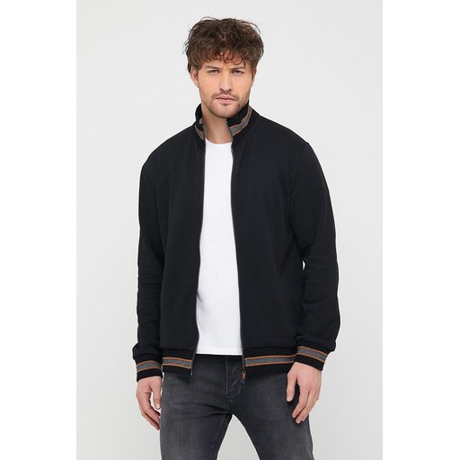 جاكيت كارديجان رجالي أسود بياقة قائمة وسحاب، بقصة عادية وأكمام طويلة Men's Black Regular Fit Stand-Up Collar Zippered Long Sleeve Cardigan