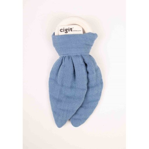 عضاضة أسنان من قماش الموسلين والخشب الطبيعي - أزرق نيلي Wooden Muslin Teether - Indigo Blue