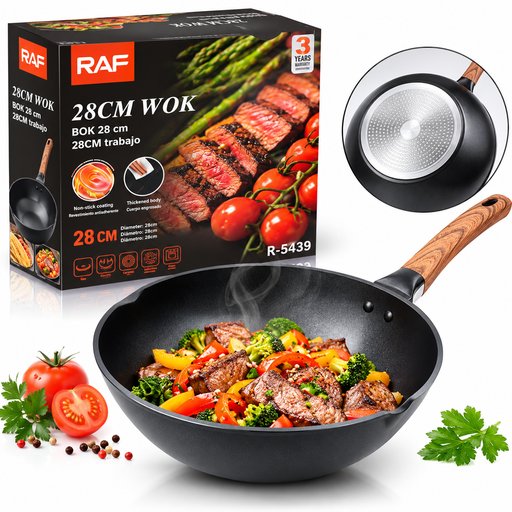 مقلاة ووك RAF غير لاصقة مقاس 28 سم بمقبض خشبي RAF Non-Stick Wok Pan 28cm with Wood-Look Handle