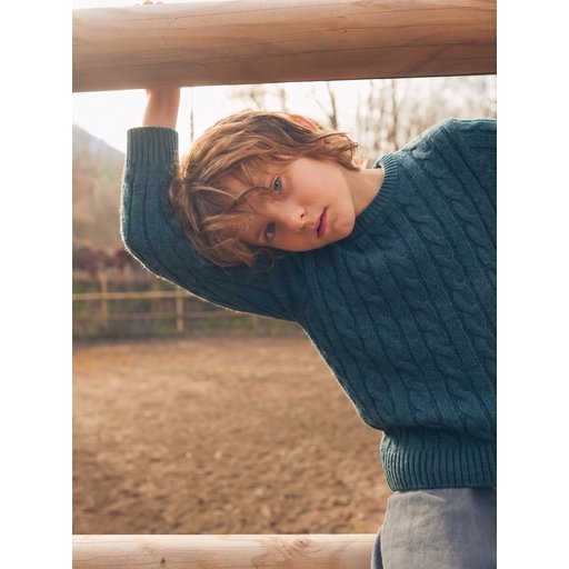 سترة صوفية مضفرة للأطفال 1-8 سنوات - بترولي Kids' Braided Knit Sweater 1-8 Years - Petrol