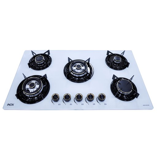 طباخ منضدي اينوكس 90 سم زجاجي أبيض – 5 شعلات غاز INOX 90cm White Glass Gas Hob – 5 Burners