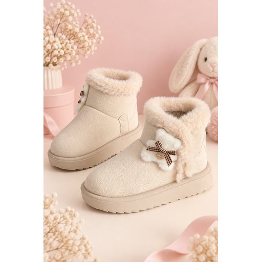 Muggo TOFFE حذاء بوت شتوي بناتي مبطن بالفرو مع فيونكة - بيج Muggo TOFFE Girls' Winter Fur-Lined Boots with Bow Detail - Beige