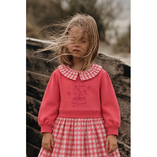 فستان أطفال من الموسلين بتطريز مرجاني - 1-6 سنوات Muslin Embroidered Dress for Girls 1-6 Years - Coral