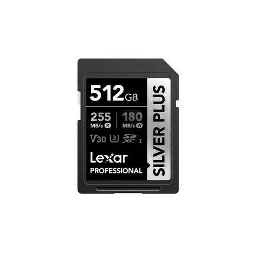 بطاقة ذاكرة Lexar Professional SILVER PLUS SDXC سعة 512GB – سرعة قراءة تصل إلى 255MB/s وكتابة 180MB/s، V30، U3 LEXAR 512GB Professional SILVER PLUS SDXC™ UHS-I cards, up to 255MB/s read 180MB/s write V30 U3 (LSDSIPL512G-BNNNG)