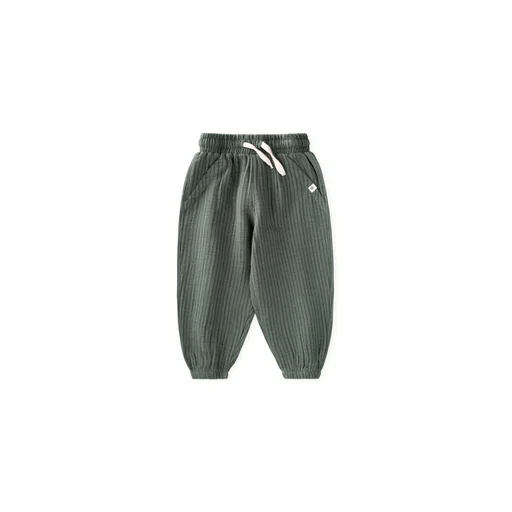 بنطلون شالوار موسلين للأطفال 1-6 سنوات - كاكي بخطوط رفيعة Muslin Harem Pants for Kids 1-6 Years - Khaki Fine Striped