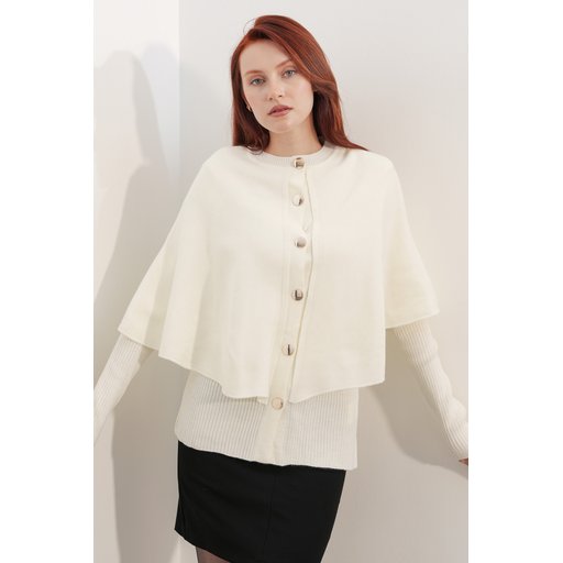 جاكيت صوف نسائي بقصة كاب 15967 - أبيض Women's Knitted Cape Cardigan 15967 - White