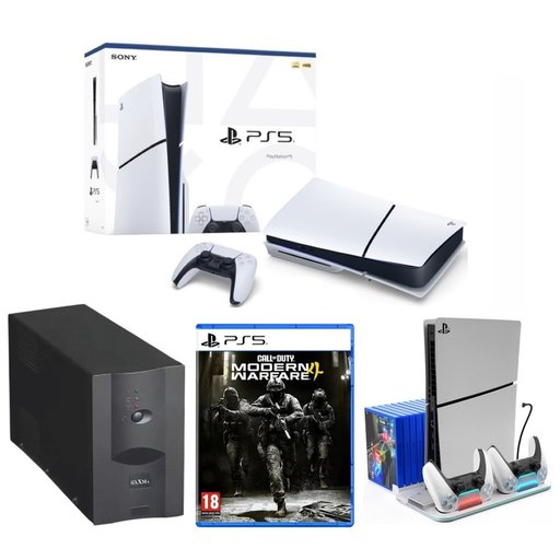 باندل بلايستيشن 5 سليم مع يو بي اس وقاعدة تبريد ومودرن وورفير 4 PlayStation 5 Slim Bundle with UPS, Cooling Stand & Modern Warfare 4