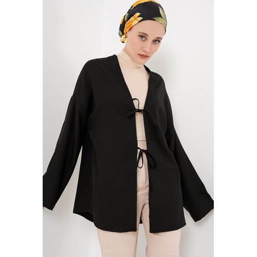 كيمونو حجاب كتان 5968 - أسود Linen Modest Kimono 5968 - Black