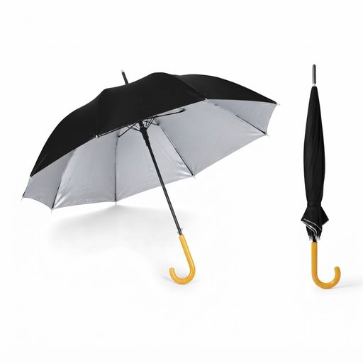 مظلة كلاسيكية سوداء ببطانة فضية ومقبض خشبي المظهر Classic black umbrella with silver lining and a wood-look handle.