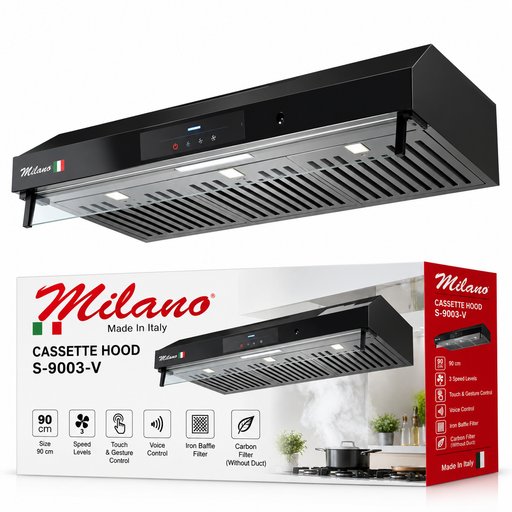 شفاط مطبخ كاسيت ميلانو 90 سم أسود – 3 سرعات – S-9003-V Milano 90cm Black Cassette Cooker Hood – S-9003-V