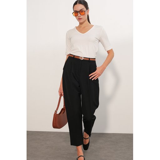 بنطلون قماش نسائي بحزام 30136 - أسود Women's Belted Fabric Trousers 30136 - Black