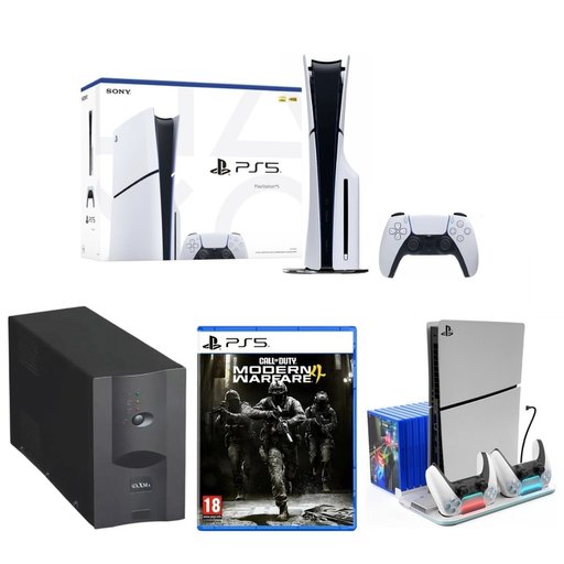 باندل بلايستيشن 5 سليم مع يو بي اس وقاعدة تبريد ومودرن وورفير 4 PlayStation 5 Slim Bundle with UPS, Cooling Stand & Modern Warfare 4