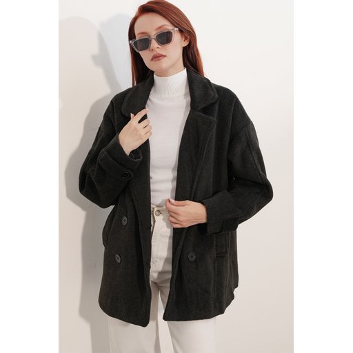 9143 كاب معطف نسائي بياقة متقاطعة - فومي 9143 Women's Crossover Collar Melton Coat - Fume