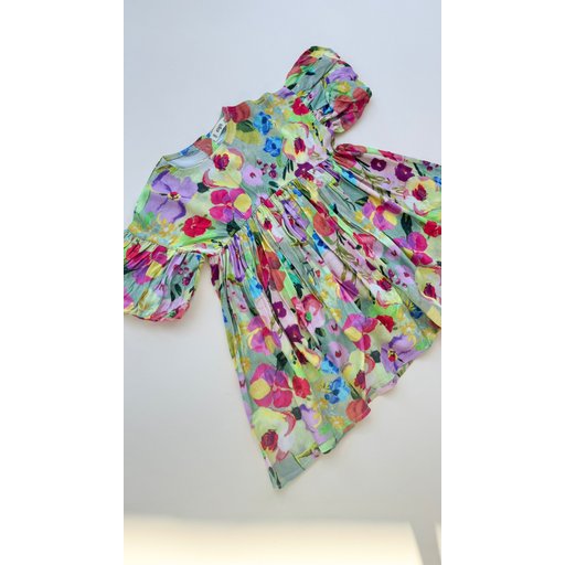 فستان فيسكون أخضر بأكمام بالون للبنات 2-10 سنوات Girls' Balloon Sleeve Viscose Dress 2-10 Years - Green