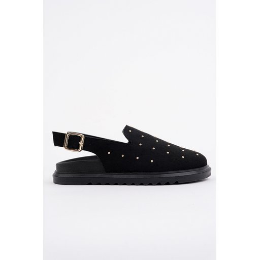 صندل نسائي MUGGO LILOW أسود من الجلد السويدي بمسامير ذهبية وإبزيم قابل للتعديل MUGGO LILOW Suede Leather Gold Studded Adjustable Buckle Casual Closed Women's Sandals - Black