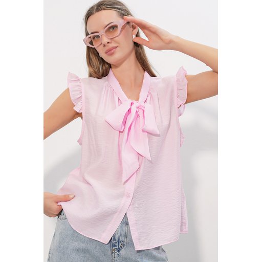 بلوزة نسائية بدون أكمام بربطة عنق 40038 - وردي Women's Tie-Neck Sleeveless Blouse 40038 - Pink