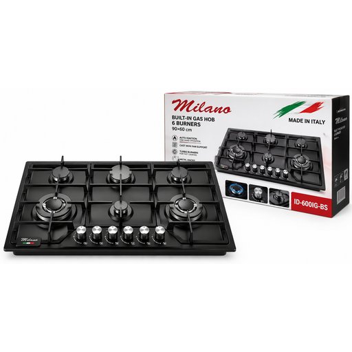 طباخ غاز بلت إن ميلانو 6 شعلات أسود 90×60 سم Milano Built-in Gas Hob 6 Burners Black 90×60 cm