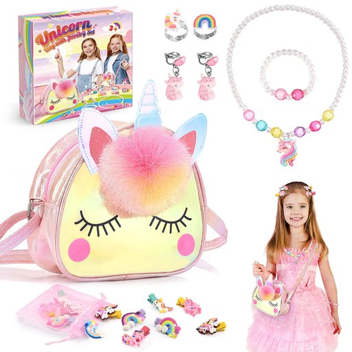 طقم مجوهرات Qukir يونيكورن للبنات مع حقيبة وردية Qukir Unicorn Jewelry Set for Girls with a Pink Pouch