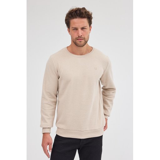 سويت شيرت رجالي بيج بقصة عادية وياقة دائرية من القطن Men's Beige Standard Fit Cotton Basic Crew Neck Sweatshirt