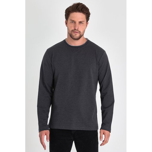 سويت شيرت رجالي أنثراسيت بياقة دائرية مزدوجة بقصة مريحة Men's Anthracite Double Crew Neck Standard Relaxed Fit Sweatshirt