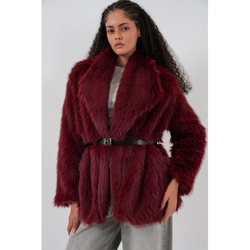 معطف نسائي أوفرسايز فرو بحزام 9156 - خمري Women's Oversize Faux Fur Coat with Belt 9156 - Burgundy