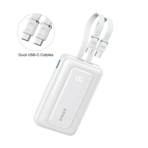 شاحن طوارئ Anker Zolo 10000 مللي أمبير 35 واط مع كابلين USB-C مدمجين Anker Zolo Power Bank (10K, 35W, Built-In Dual USB-C Cables) White
