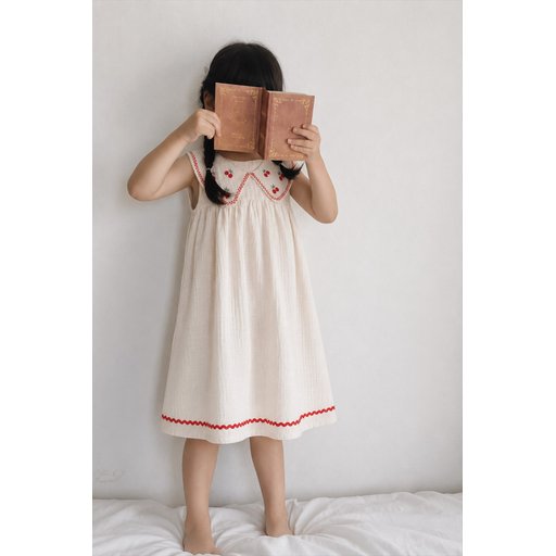 فستان موسلين مطرز للأطفال 2-5 سنوات - لون طبيعي Muslin Embroidered Dress for Girls 2-5 Years - Natural