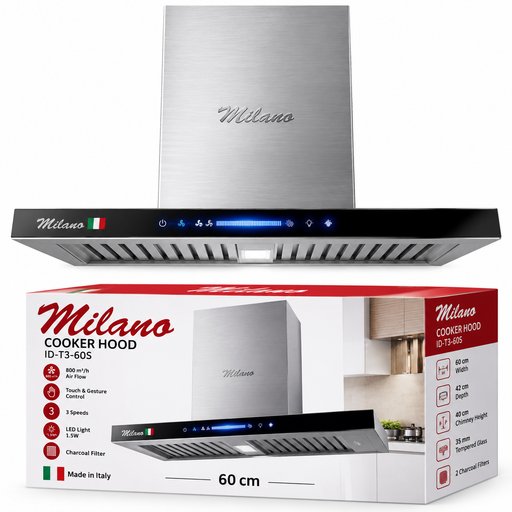 شفاط مطبخ جداري ميلانو ستانلس ستيل 60 سم – ID-T3-60S Milano Stainless Steel Wall Mount Cooker Hood 60cm – ID-T3-60S