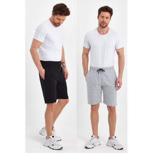 شورت رجالي مريح بقصة عادية مع جيوب جانبية - عبوة من قطعتين أسود ورمادي Men's Regular Fit Side Pocket Shorts - 2-Pack Black & Grey
