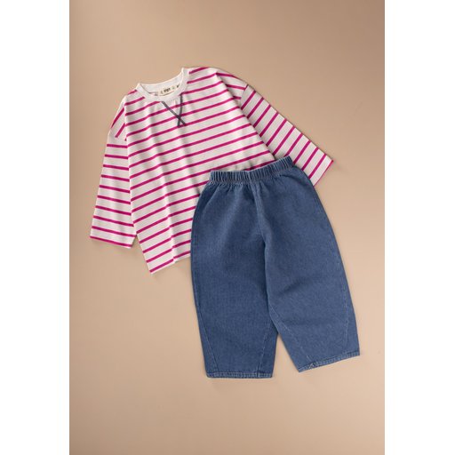 طقم بنطلون واسع بقصة موسمية 2-10 - إيكرو فوشيا مخطط Seasonal Wide-Cut Trousers Set 2-10 - Ecru Fuchsia Striped
