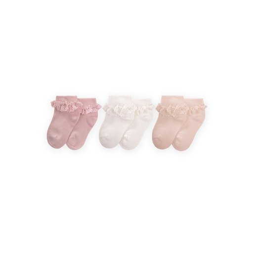 جوارب أطفال دانتيل ثلاثية - بودرة، رملي، أبيض (0-4 سنوات) Triple Lace Baby Bootie Socks - Powder, Sand, White (0-4 Years)