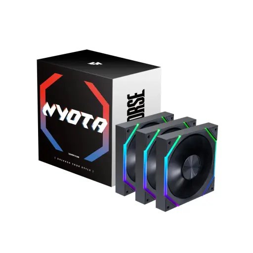 طقم مراوح آسيا هورس NYOTA ARGB بتصميم Reverse – أسود، 3 مراوح قياس 120 ملم AsiaHorse NYOTA ARGB 120mm Fan 3-Pack Reverse Black
