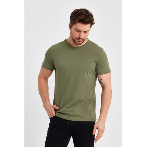 Men's Black 100% Cotton Regular Fit Crew Neck Basic T-Shirt - Khaki