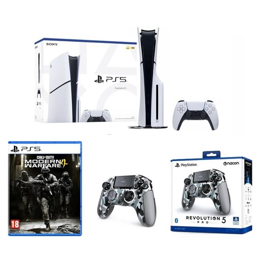 باندل بلايستيشن 5 سليم مع يدة ناكون ريفولوشن 5 برو ولعبة مودرن وورفير 4 PlayStation 5 Slim Bundle with Nacon Revolution 5 Pro Camo & Modern Warfare 4