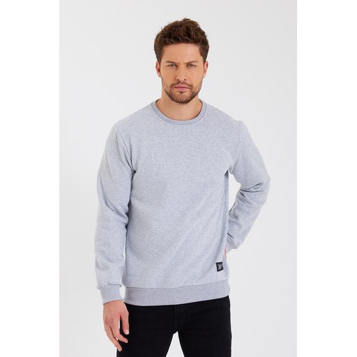 سويت شيرت رجالي بياقة دائرية وتفاصيل ملصق داخلي مبطن بالقطن - رمادي Men's Crew Neck Sweatshirt with Label Detail, Cotton Lined - Grey