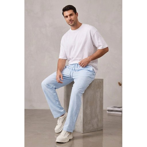بنطال كتان رجالي مريح 30118 - أزرق Men's Comfortable Linen Trousers 30118 - Blue