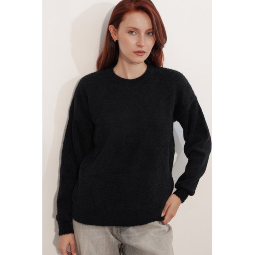 كنزة نسائية بنمط واسع (Oversize) بنقشة - أسود 15970 Women's Patterned Oversize Sweater - Black 15970