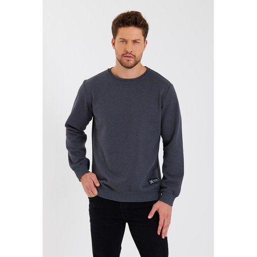 سويتشيرت رجالي بياقة دائرية وتفاصيل ANTRASIT - قطن من الداخل Men's Crew Neck Cotton-Lined Sweatshirt with Label Detail - ANTRASIT
