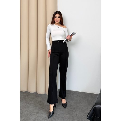 بنطلون بالازو نسائي أسود بخصر عالٍ، مضلع، مريح، بسحاب وأزرار Women's High-Waisted Black Ribbed Palazzo Pants with Zipper & Buttons
