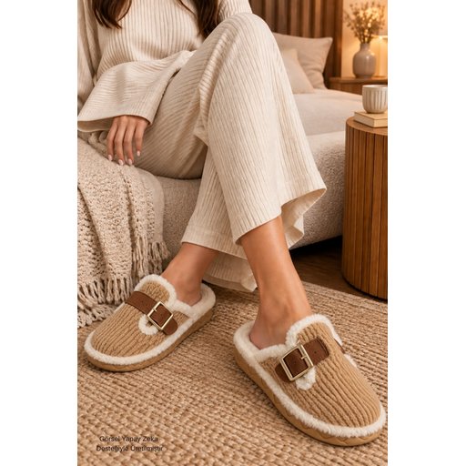 Muggo CLAY شبشب نسائي شتوي من الفرو الصناعي مع إبزيم - لون توبا Muggo CLAY Women's Plush Winter House Slippers with Buckle - Taba