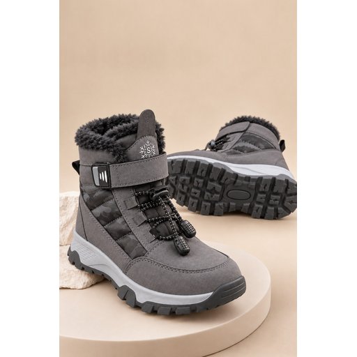 حذاء ثلج للأطفال Muggo TUNDY للجنسين مبطن بالفرو مع فيلكرو وأربطة - رمادي Muggo TUNDY Unisex Kids' Fur-Lined Snow Boot with Hook-and-Loop and Laces - Grey