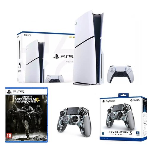 باندل بلايستيشن 5 سليم مع يدة ناكون ريفولوشن 5 برو ولعبة مودرن وورفير 4 PlayStation 5 Slim Bundle with Nacon Revolution 5 Pro Camo & Modern Warfare 4