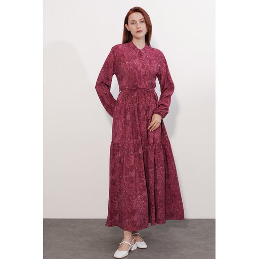 فستان نسائي طويل محتشم بنقشة 2586 - خمري Women's Patterned Long Modest Dress 2586 - Burgundy