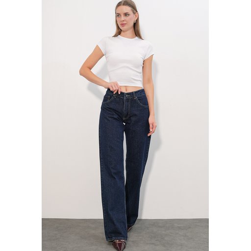 بنطلون جينز نسائي واسع الساق بتفاصيل ترتر 30124 - كحلي Women's Wide Leg Sequin Detail Denim Jeans 30124 - Navy Blue