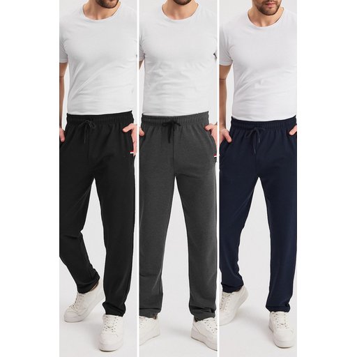Men's 3-Pack Tracksuit Bottoms - Black, Navy, Anthracite - Relaxed Fit, Straight Leg, Zipper Pockets, Embroidered Detail