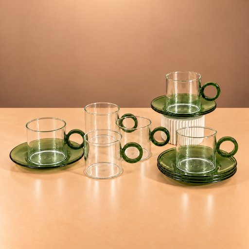 طقم فناجين قهوة زجاجية مع صحون – أخضر زيتوني Olive Green Glass Coffee Cups with Saucers Set