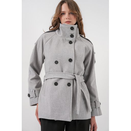 معطف نسائي كاشيه بحزام 9162 - رمادي غامق Women's Belted Cachet Coat 9162 - Dark Grey
