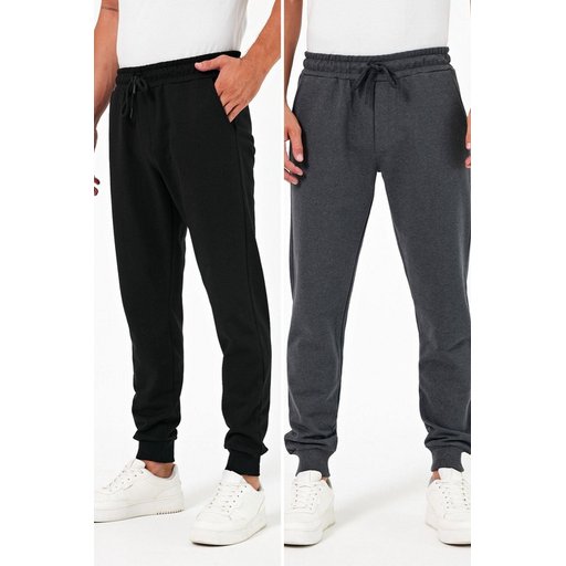 طقم بنطلون رياضي رجالي جوغر سميك قطعتين - أسود-فحمي Men's Thick Black-Anthracite 2-Pack Jogger Sweatpants with Back Pockets, Cuffed Hem, Regular Fit - Unbrushed