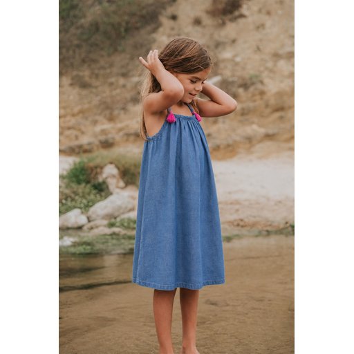 فستان جينز بناتي بحمالات للأعمار 1-7 سنوات - أزرق Girls' Strappy Denim Dress 1-7 Years - Blue